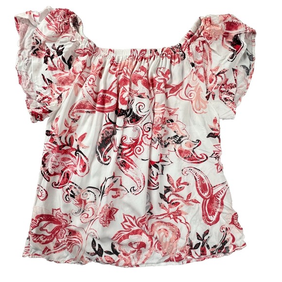 White House Black Market Tops - WHBM Paisley Off-The-Shoulder Blouse Women XS Pink White Rayon Peasant Top